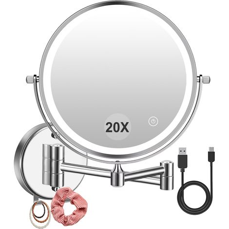 Miroir Grossissant Lumineux Mural, 1X/20X Grossissement Miroir Grossissant Mural, 3 Couleurs de Lumière Réglables Charge USB, 360° Pivotant Extensible, pour Salles de Bain (1/5)