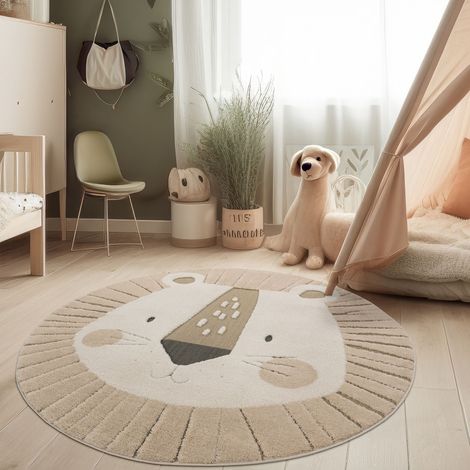 Paco Home Tappeto per camera dei bambini rotondo gioco a leone 3D tonalità della terra Crema Ø 120 cm tondo