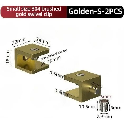(Golden-S-2PCS) 2 charnières actives pour porte vitrée, pivotement à 90°, acier inoxydable 304, accessoires pour verre, pinces de fixation pour moustiquaire, axe supérieur et inférieur (1/5)