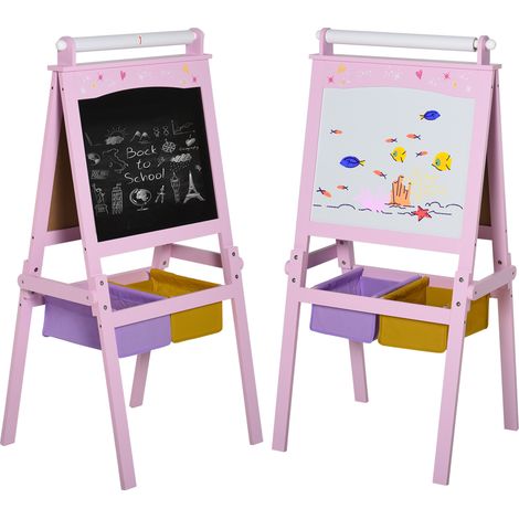 Tableau noir double face pour enfants avec rouleau en papier et 2 paniers de rangement 58,5 x50,5 x 118 cm rose