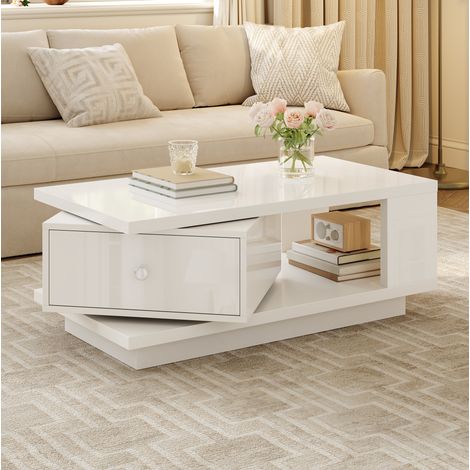 Couchtisch (90 x 48 x 35 cm), drehbare Schublade, Hochglanz, offenes Fach, MDF, Spanplatte, Weiß (1/5)