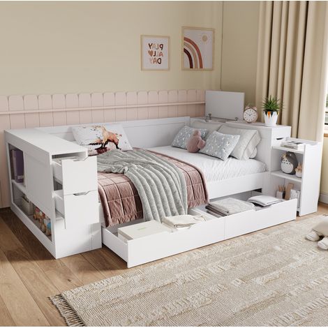 Cama infantil 90x190 cm blanca de MDF con cajones y almacenamiento lateral (1/5)