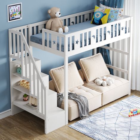 MEUBLIV Cama alta infantil 90x200 cm blanca – escalera con almacenamiento, sin colchón (1/5)