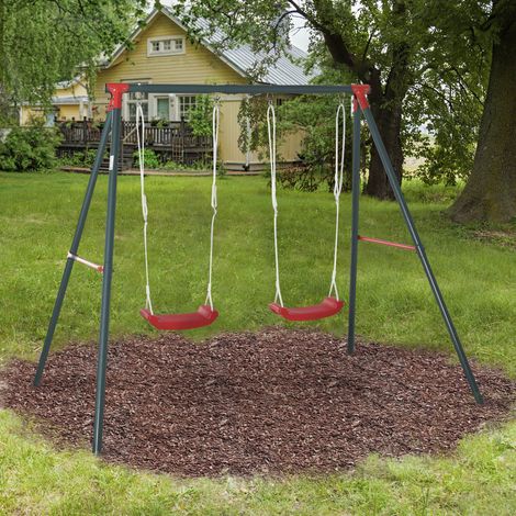 Balançoire double Outsunny pour enfants de 3 ans et plus, avec structure en métal, corde réglable, usage extérieur, charge maximale 40 kg, 239 x 156 x 180 cm, vert/rouge
