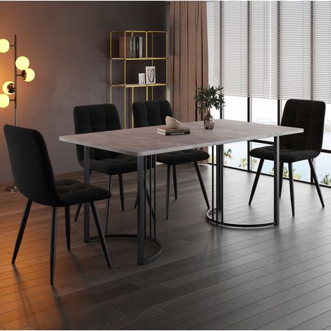 MEUBLIV Esstisch-Set mit 4 Stühlen 140x80 cm grau und schwarz, MDF-Platte in Marmoroptik (1/5)