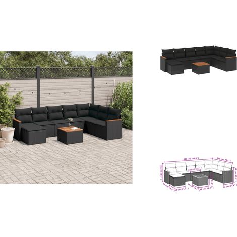 9-tlg. Garten-Sofagarnitur mit Kissen Schwarz Poly Rattan - Gartenmöbel - Esstischgarnituren - Outdoor Möbel - Lounge Set - Rattan Sofa