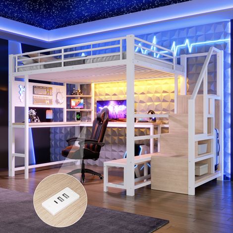 Lit mezzanine, 140 x 200 cm, bureau, ports USB et USB-C, mur perforé, étagères, armoire échelle, éclairage LED, matelas non inclus, blanc (1/5)