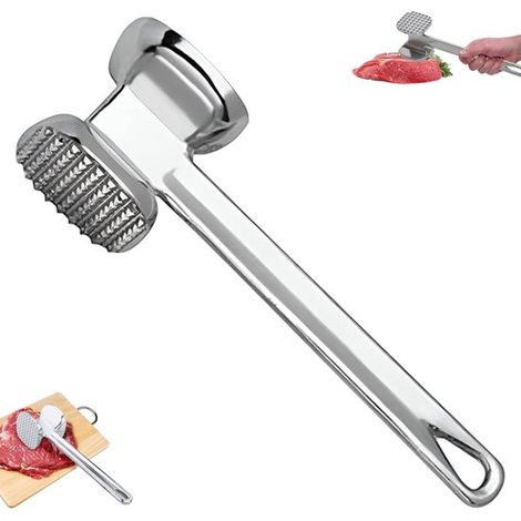 Marteau à viande - Attendrisseur de viande - Maillet à viande - Marteau à viande double face - Acier inoxydable - Argent - 19,5 x 4,5 cm - Pour porc, poulet, steak, poisson - Accessoires de barbecue - (1/5)
