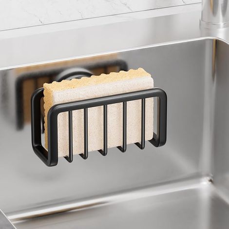 Porte-éponge pour évier de Cuisine avec Forte Ventouse, Support en Aluminium Inoxydable pour éponges, Amovible Panier d'évier de Cuisine, Brosse à Vaisselle - Noir