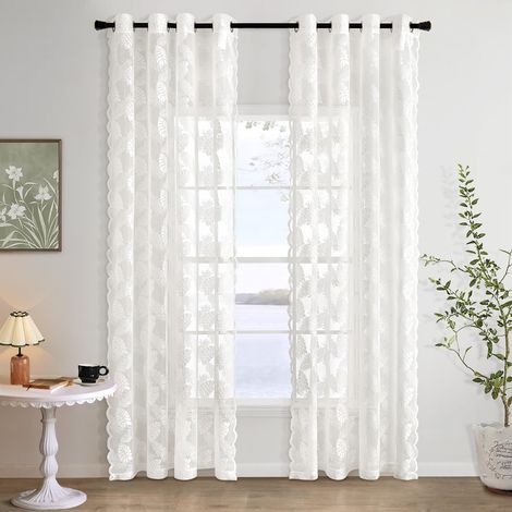 Set de 2 Rideaux en Dentelle à Œillets - Ajouré avec Motif de Feuilles Style Vintage pour Salon et Chambre - Décoratifs, 2X H225 x L150 cm, Blanc (1/5)