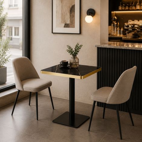 Tavolo da pranzo quadrato 60x60x74 cm, effetto marmo con bordo dorato, per 2-4 persone, MDF e metallo, nero (1/5)
