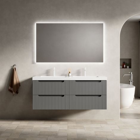 Mueble de lavabo suspendido 120 cm de resina y madera contrachapada, gris oscuro o blanco, con 2 lavabos y 4 cajones