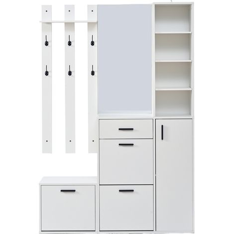 Mueble de recibidor multifunción con zapatero, espejo y ganchos, blanco, 120 x 30 x 178 cm (1/5)