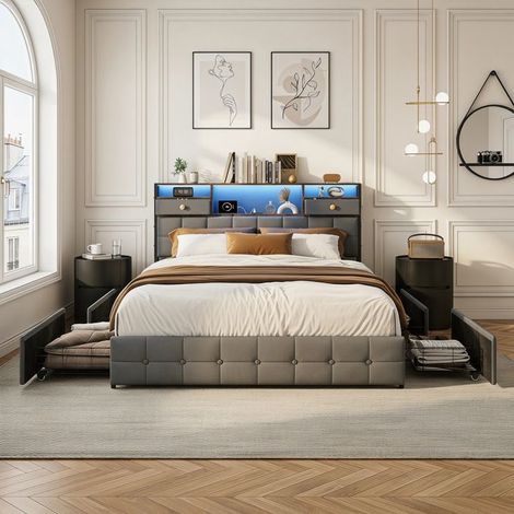 Letto matrimoniale - Struttura del letto 140x200 - 6 cassetti di stoccaggio - Testiera con USB e LED - Velluto grigio (1/5)