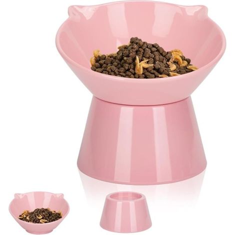 Gamelle surélevée inclinable 15° rose, réduit pression cou, pour petit chien/chat (1/4)