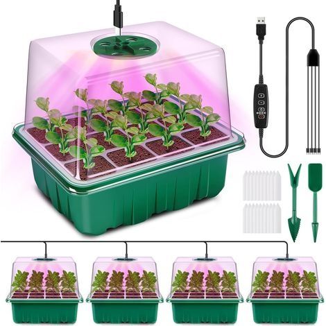 Mini Serre pour Plantes avec Lampe, 4 Pièces Serre Semis de Culture avec contrôleur de synchronisation luminosité réglable, épaissir Boite Semis avec Couvercle surélevé, Vert (1/5)