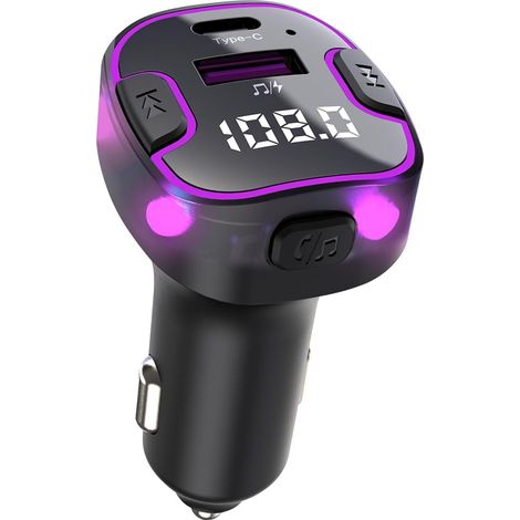 Transmisor FM Bluetooth para coche: llamadas manos libres, navegación, audio HD de 5,3 pulgadas, carga rápida USB/Tipo C de 5 V/3,1 A, reproducción de música desde unidad flash USB, iluminación ambien