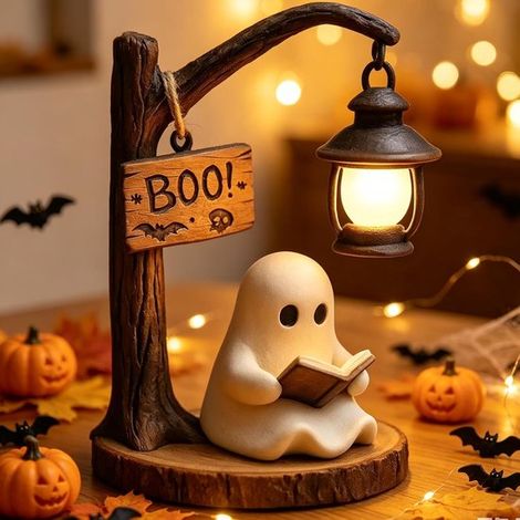Niedliche Halloween-Geisterfigur aus Kunstharz – Geisterstatue mit LED-Laterne und „Boo“-Schild – Herbstliche Tischdekoration für Kaminsims und Regal – Schönes Halloween-Geschenk für drinnen (1/4)