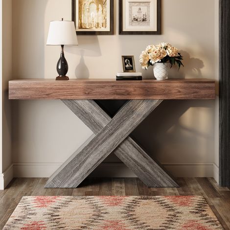 Console étroite 140×30×80 cm pieds en X aspect bois panneau particules meuble déco entrée et salon - Noyer (1/5)