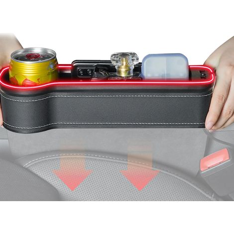 (Rouge) Boîtes de rangement pour l'espace entre les sièges de voiture avec lumière d'ambiance colorée, pour hommes et femmes. (1/5)