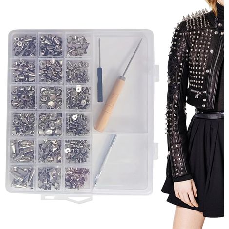 Clous Punk 455 Pièces Fournitures Punk Faites À La Main,11 Tailles De Clous Pour Cuir Avec Poinçon Et Tournevis,Pour Collier D'Animal Artisanat Perçage Chaussure Tissu Cuir (1/5)