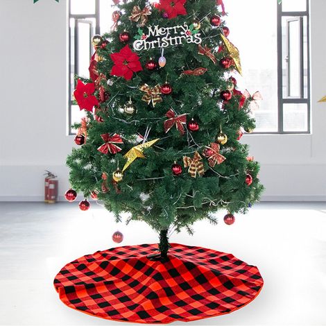 Christmas Tree Skirt - 90 Cm - Buffalo Plaid Pattern - Snowflake Elk Santa Design - Rustic Fabric - For Living Room Bedroom Garden - 1 Piece (1/5)