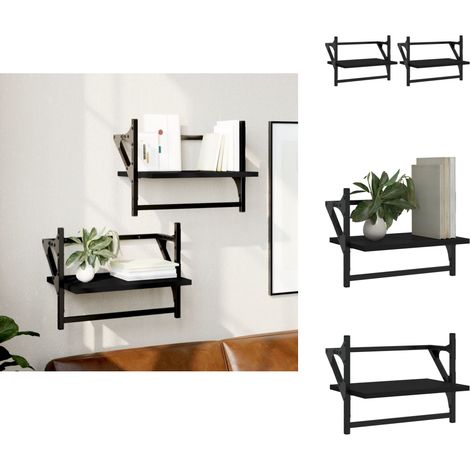 Wandregale mit Stangen 2 Stk. Schwarz 40x25x30 cm - Wandregal - Schwarzes Wandregal - Regal Schwarz - Holzwerkstoff Regal - Metall Regal (1/5)