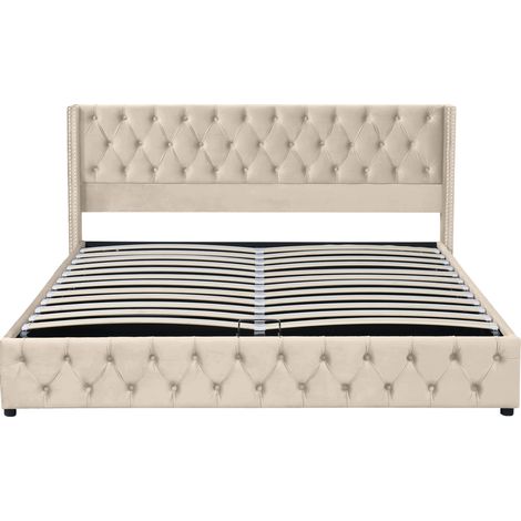 Letto in velluto beige 162.56x45.72x10.92 cm, stile Chesterfield, contenitore con apertura idraulica (1/5)