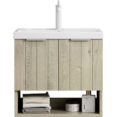 GagaMeuble vasque mural 55 cm chêne crème, lavabo céramique blanc (1/5)