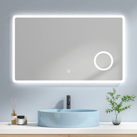 EMKE Specchio Bagno con Luce 100 x 60 cm, Specchio Bagno LED con Interruttore Tattile e 3 Volte Lente D'ingrandimento, Luce Bianca Fredda 6500K