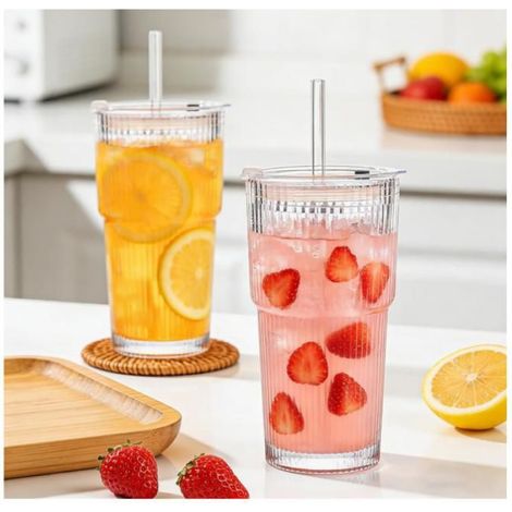 Lot de 2 gobelets en verre nervuré de 600 ml avec couvercle et paille, gobelets à smoothie à paroi épaisse robuste verre qualité (1/4)