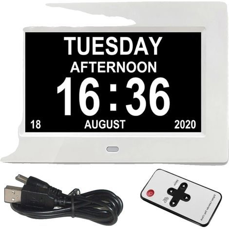 Reloj despertador, pantalla digital, función de calendario, blanco. (1/2)