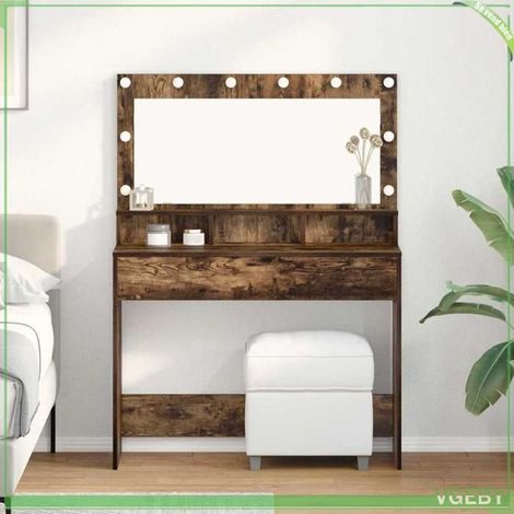 Coiffeuse - ABI - Chêne fumé - 100 x 41 x 135 cm - Miroir et éclairage LED (1/5)