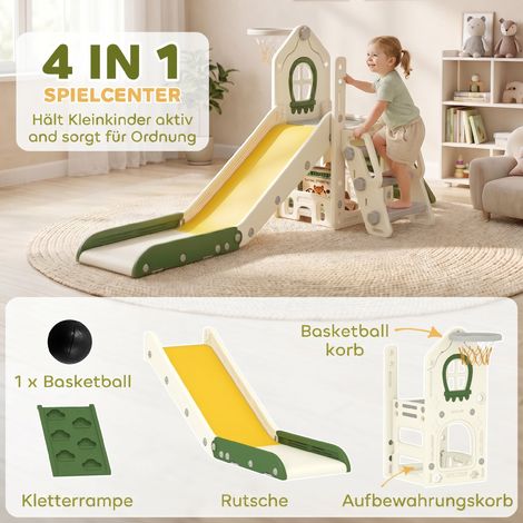 Réseau de jeu pliable 4-en-1 pour tout-petits : toboggan avec mur d'escalade, panier de basket, rangement et ballon, crème blanc, 1-3 ans (1/5)