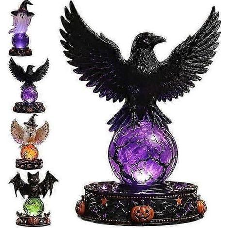 Décoration lumineuse de boule de cristal corbeau pour Halloween, boule gothique lumineuse avec statue de fantôme corbeau chauve-souris hibou et lampe LED en cristal, décoration de table effrayante pou (1/5)