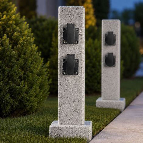 Colonnina con 4 prese multiple per giardino, effetto pietra, grigio, H 40,5 cm, IP44, set da 2 pezzi (1/5)