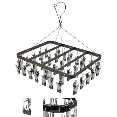 Noir Étendoir à Linge en métal avec 36 Clips, Crochet Coupe Vent, Pince à Linge Pliable pour Chaussettes, Soutien Gorge, sous vêtements (1/5)