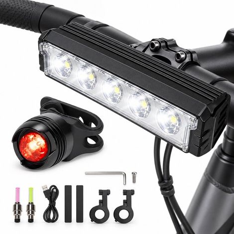 Phare avant pour vélo électrique 2800 lumens - Éclairage vélo - Lampe vélo - 5 LED - 5 modes - 6600 mAh - Étanchéité IPX5 - Éclairage avant et arrière étanche, compatible avec tous les vélos, y compri (1/5)