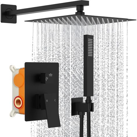 Système de Douche Encastré Noir - Colonne de Douche avec Mitigeur Encastrable, Ensemble de Douche avec Carrée Douche de Tête, Douchette, Corps en Laiton, Salle de Bain (1/5)