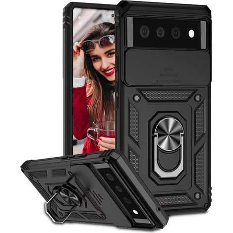Coque pour Google Pixel 6 Étui, Protecteur de Caméra, Armure Rigide Housse 360° Metal Anneau Magnetic Support Étui, PC Dur et TPU Silicone Antichoc Anti-Rayures Case Noir (1/5)