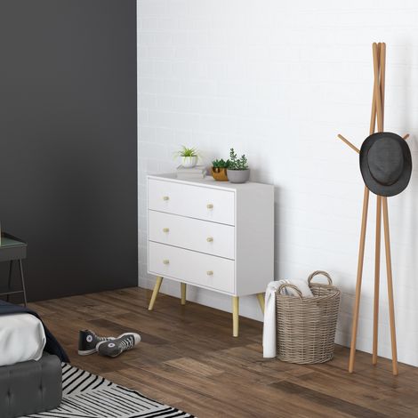 Commode 3 tiroirs design scandinave piètement effilé incliné bois pin panneaux blanc80 x 30 x 80 cm blanc (1/5)