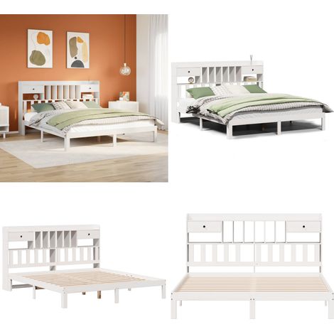 Cama con estantería sin colchón madera maciza blanca 180x200 cm - Cama sin colchón - Cama de madera