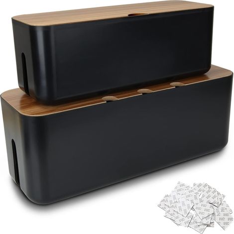 Lot 2 Boîte Cache Câble Noir, Grand Boîte Rangement Câbles Fil Electriques avec Bois Couvercle, Boite Cache Multiprise pour Protection de Câble et Prise Multiprise Electrique (1/5)