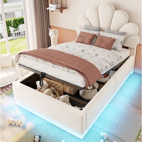 Stauraumbett 90x200 cm Samtstoff Beige mit LED und Bettkasten, platzsparend, ohne Matratze (1/5)
