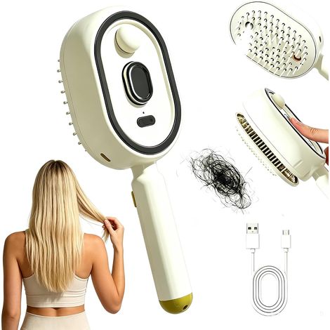 Nouvelle brosse de massage électrique à coussin d'air avec brumisation, brosse anti-nœuds 5 en 1 pour cheveux secs et frisés, brosse autonettoyante pour cheveux brillants (beige) (1/5)