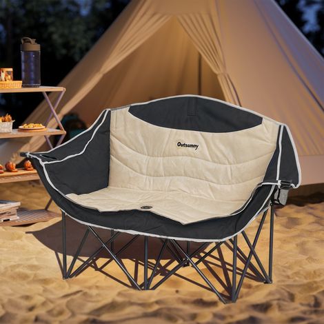 Silla de camping plegable de 2 plazas con portavasos y bolsa de transporte, capacidad de carga de hasta 250 kg, color caqui.