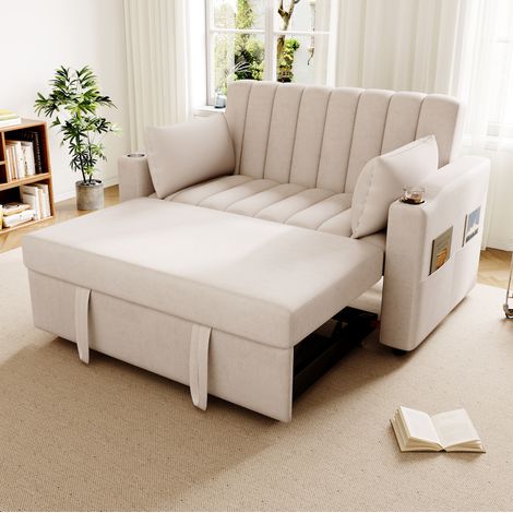 Divano letto 136x162x84 cm beige in tessuto cotone e lino con schienale reclinabile e portabicchieri (1/5)