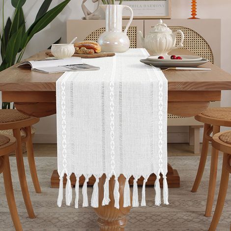 Tablecloth - Linen Look - 33 x 185 cm - Boho Fringed - For Dining Table Kitchen Farmhouse Decor - 1 Piece (1/5)