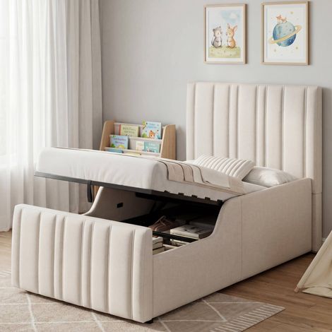 Lit coffre 90x200 cm avec rangement hydraulique, tête de lit capitonnée, en lin, beige, sans matelas (1/5)