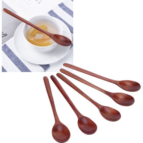 Set mit 5 langstieligen Suppenlöffeln aus Holz, ideal zum Grillen, Campen, für Partys und zum Kochen zu Hause. Erhältlich in verschiedenen Farben. (1/5)